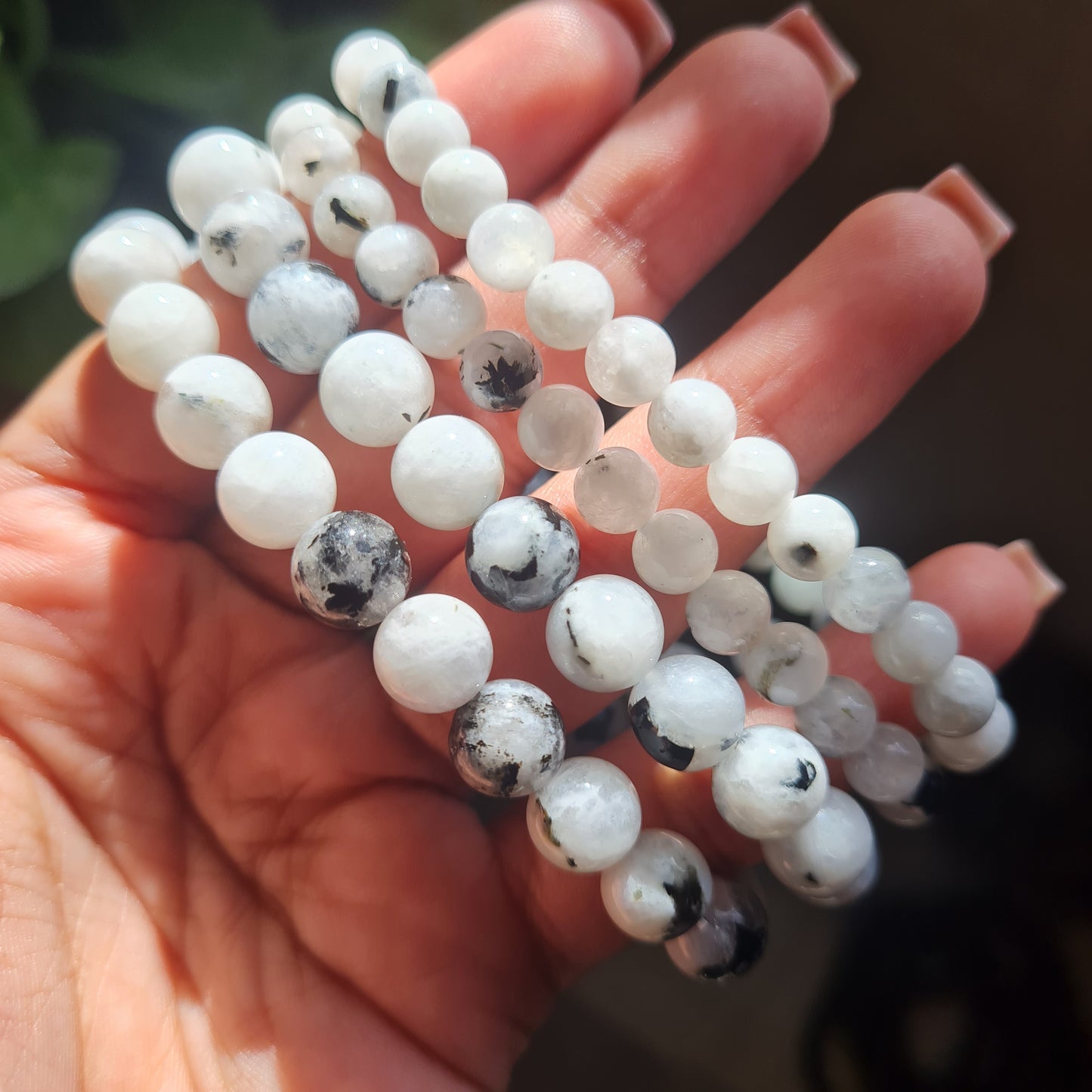 White Moonstone with Black Tourmaline Gemstone Bracelet