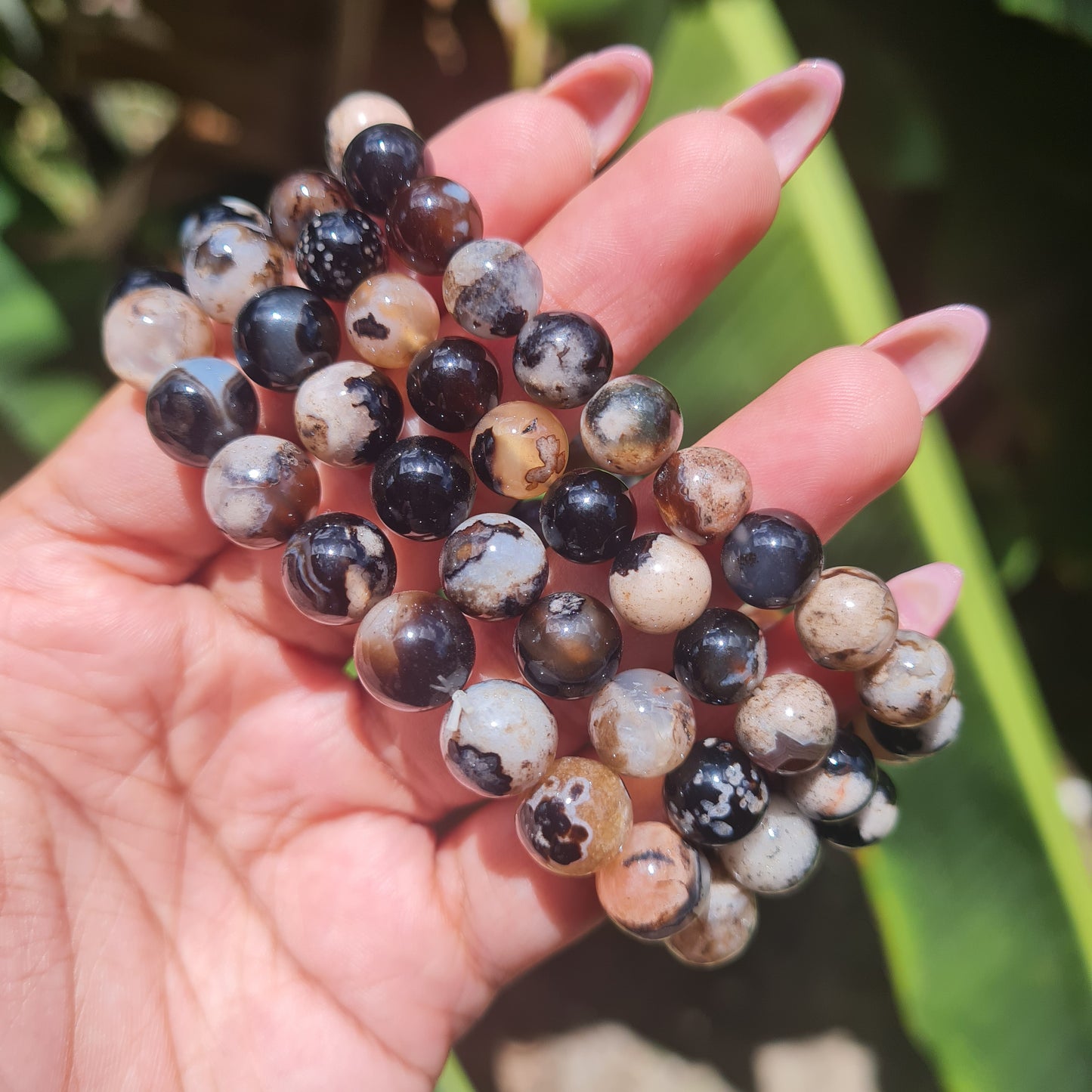 Black Flower Agate Gemstone Bracelet