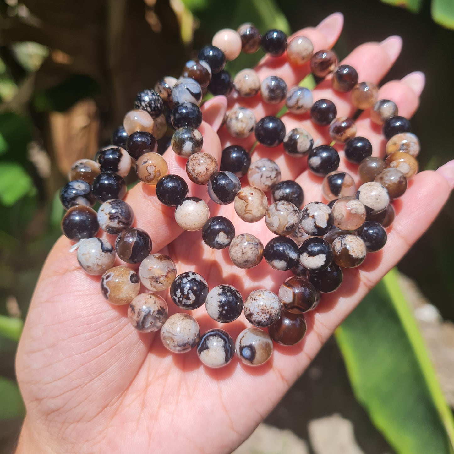 Black Flower Agate Gemstone Bracelet