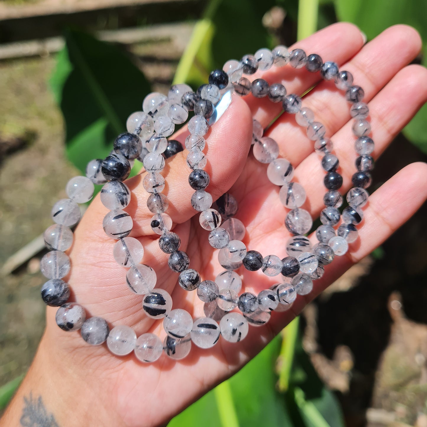 Black Tourmaline in Quartz Gemstone Bracelet