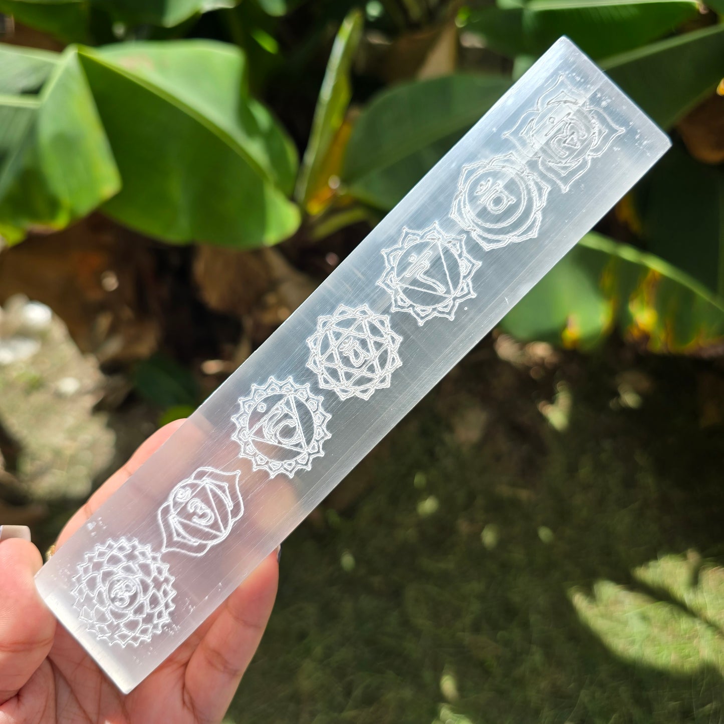 Satin Spar Selenite Charging Plate with Chakra Tumbles