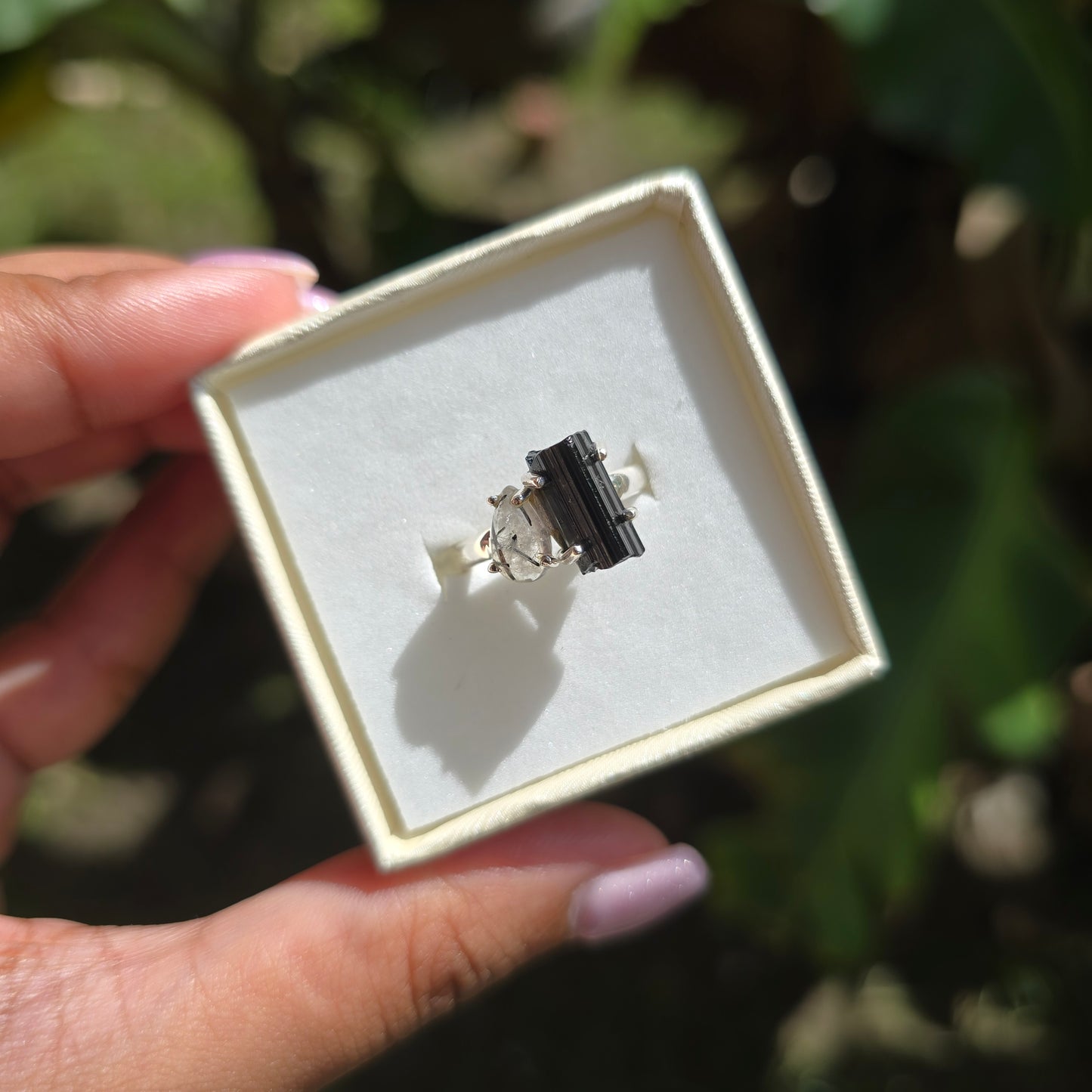 Black Tourmaline and Tourmaline in Quartz Ring - Size 8