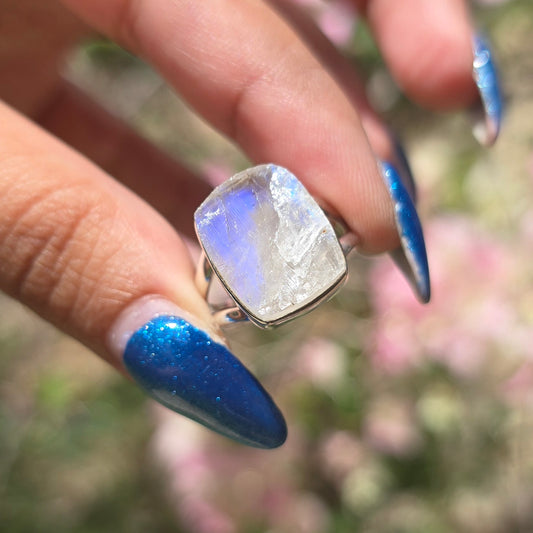 Raw Rainbow Moonstone Ring - Size 6.5