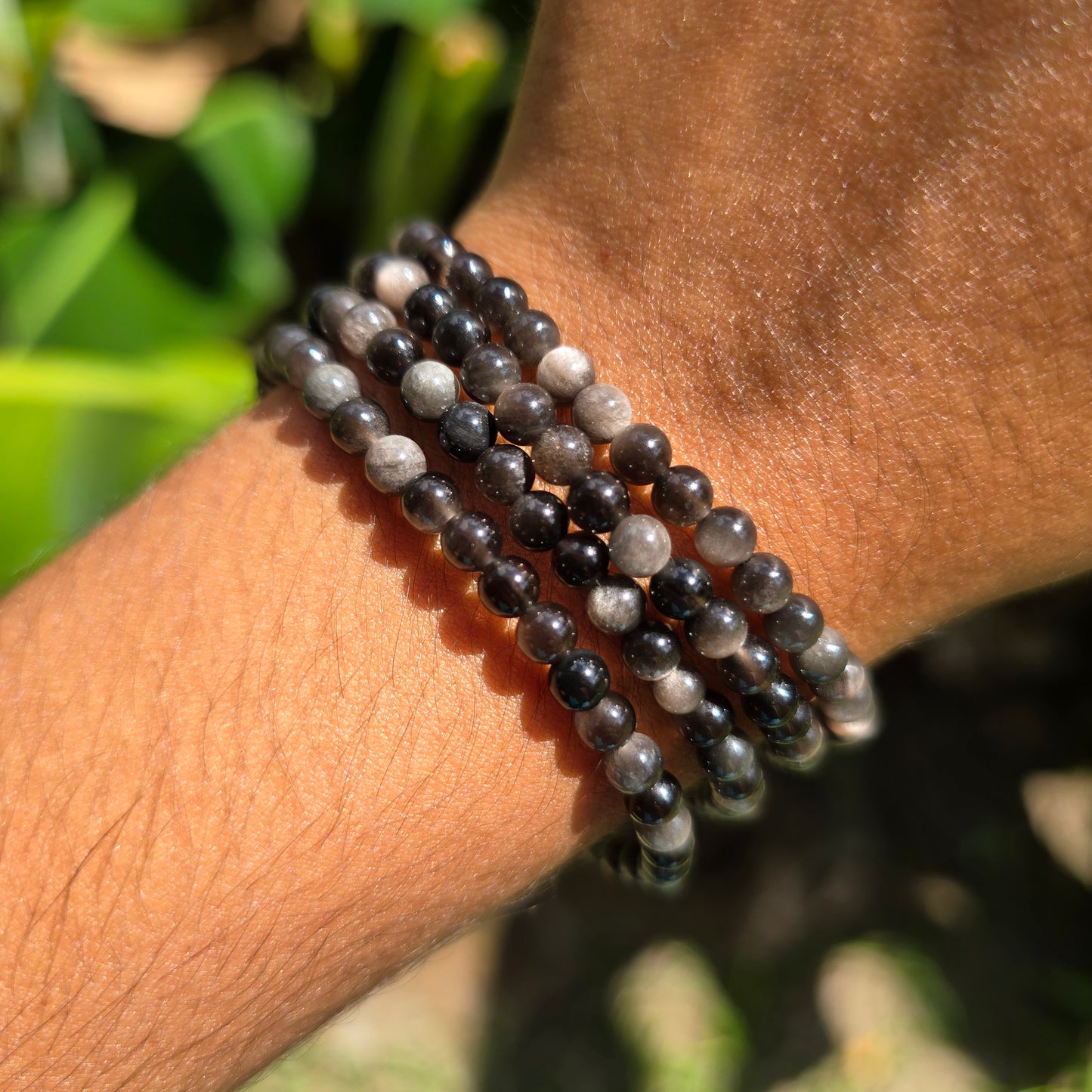 3-4mm Silver Sheen Obsidian Gemstone Bracelet