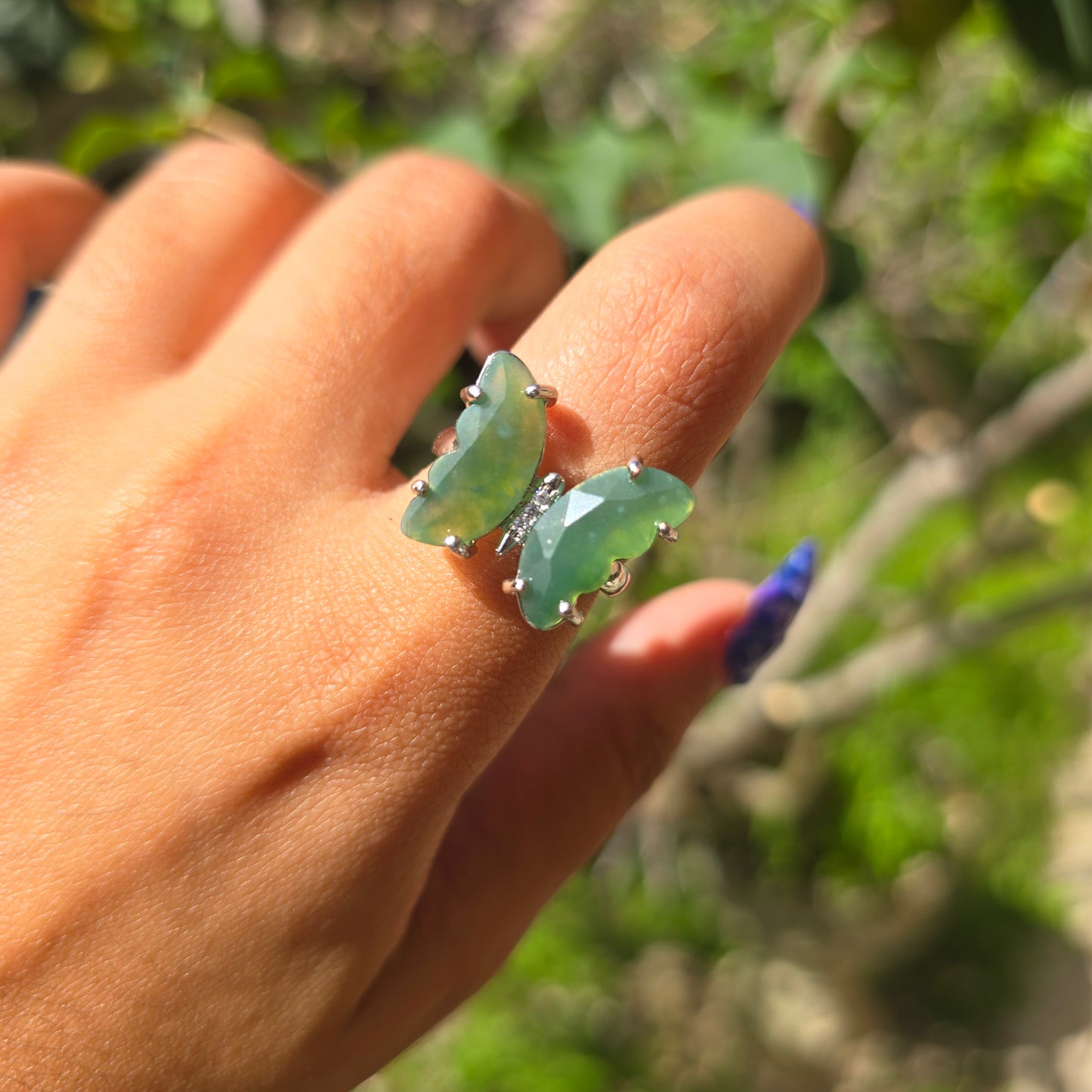 Adjustable Silver Plated Brass Ring - Moss Agate