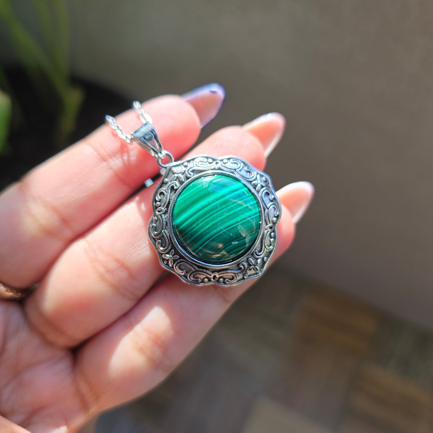 Malachite Pendant - Silver Plated Brass