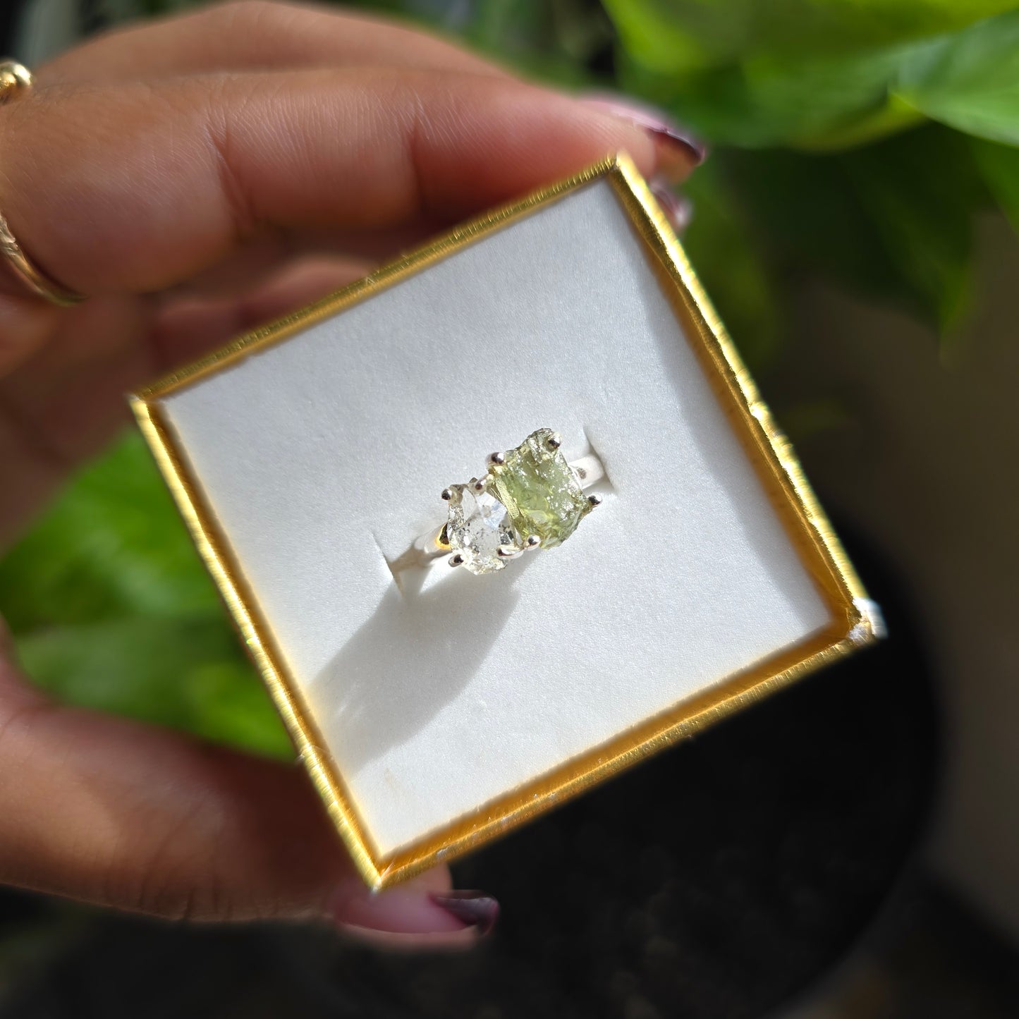Moldavite and Herkimer Diamond Ring - Size 5