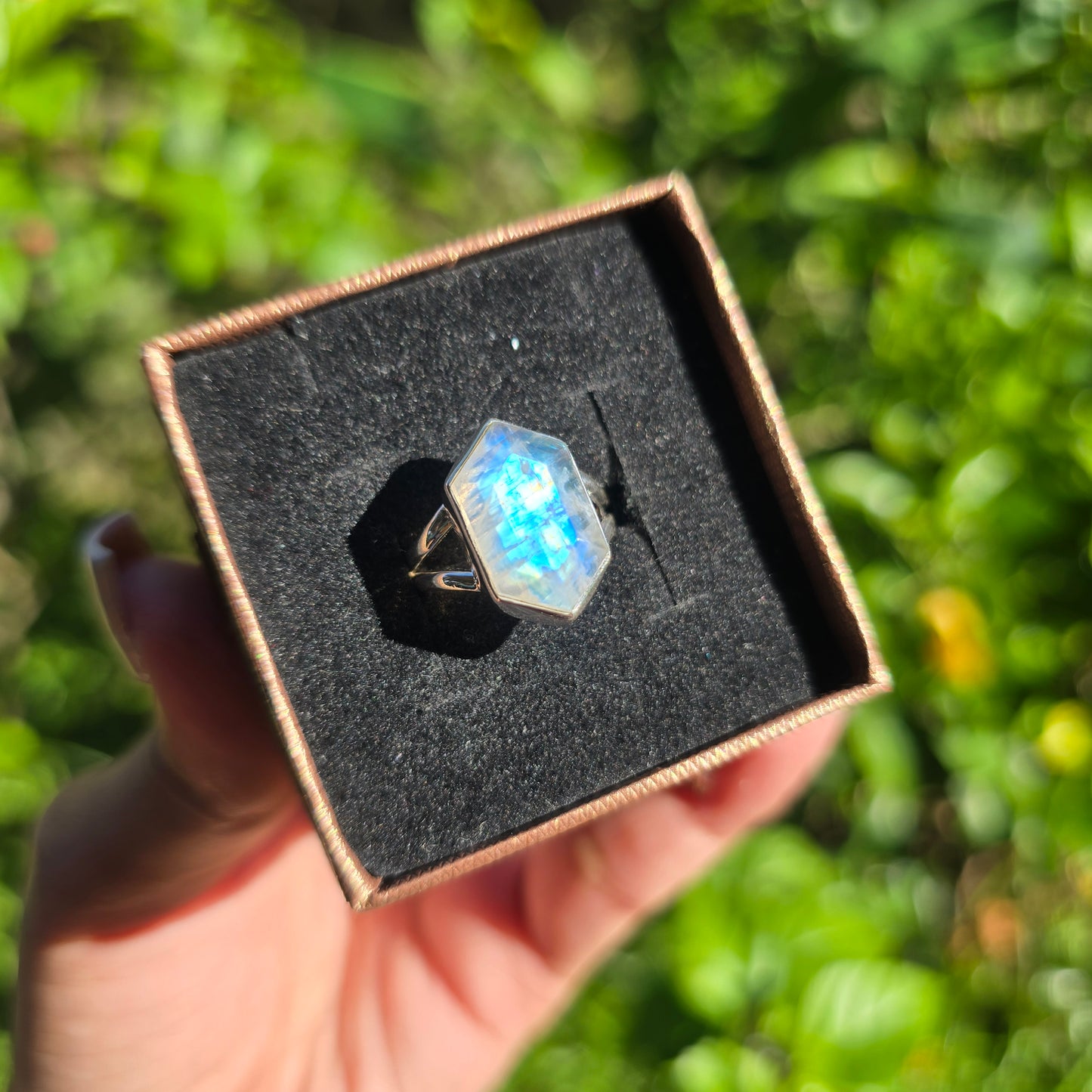 Faceted Rainbow Moonstone Ring - Size 5.5