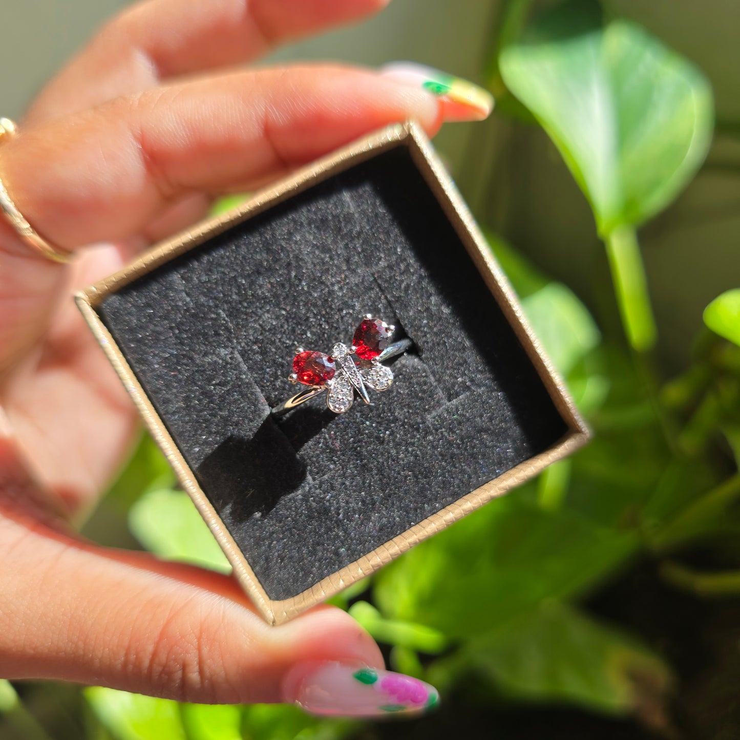 Adjustable Silver Plated Brass Ring - Garnet