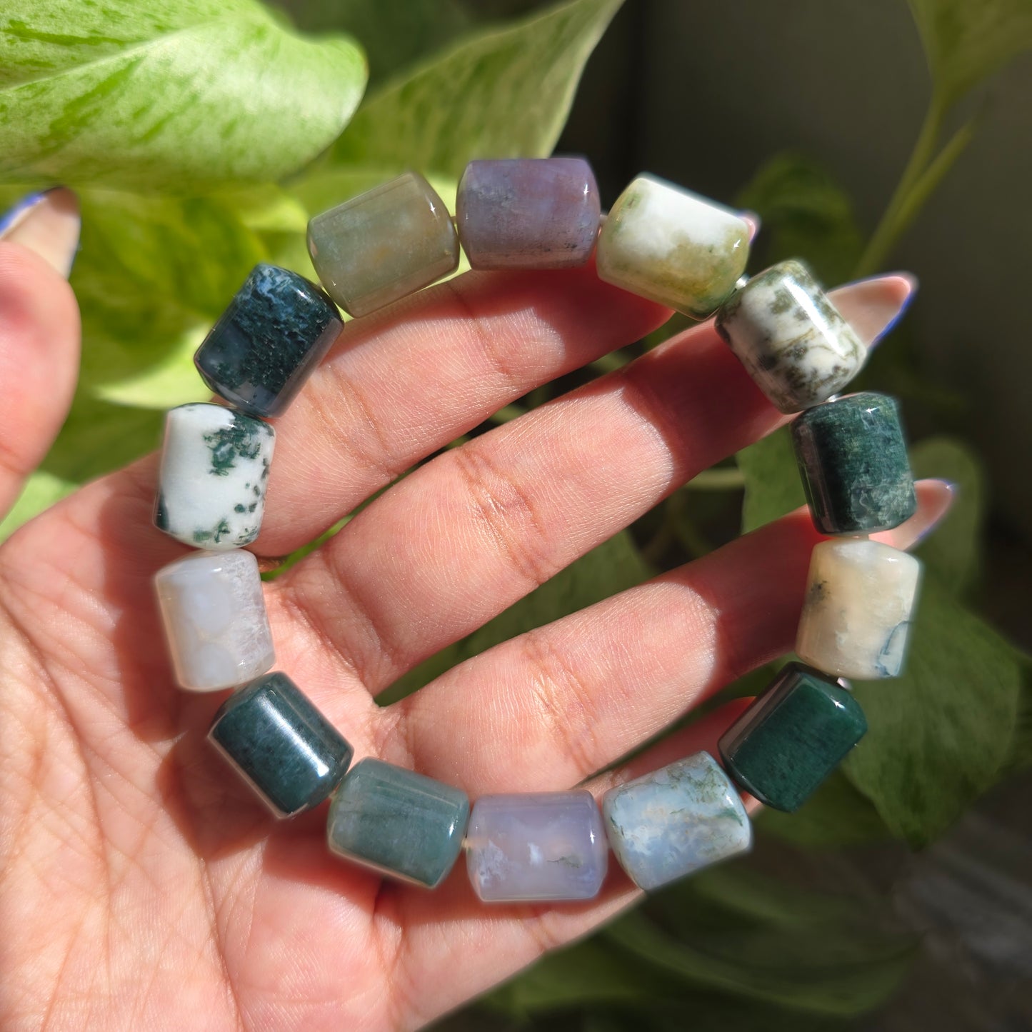 Moss Agate Barrel Gemstone Bracelet