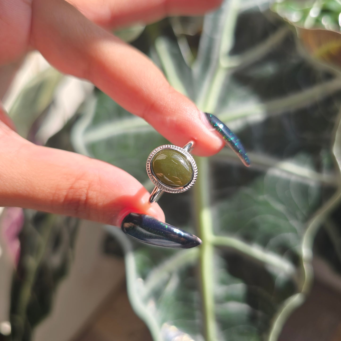 Adjustable Silver Plated Brass Ring - Hetian Jade