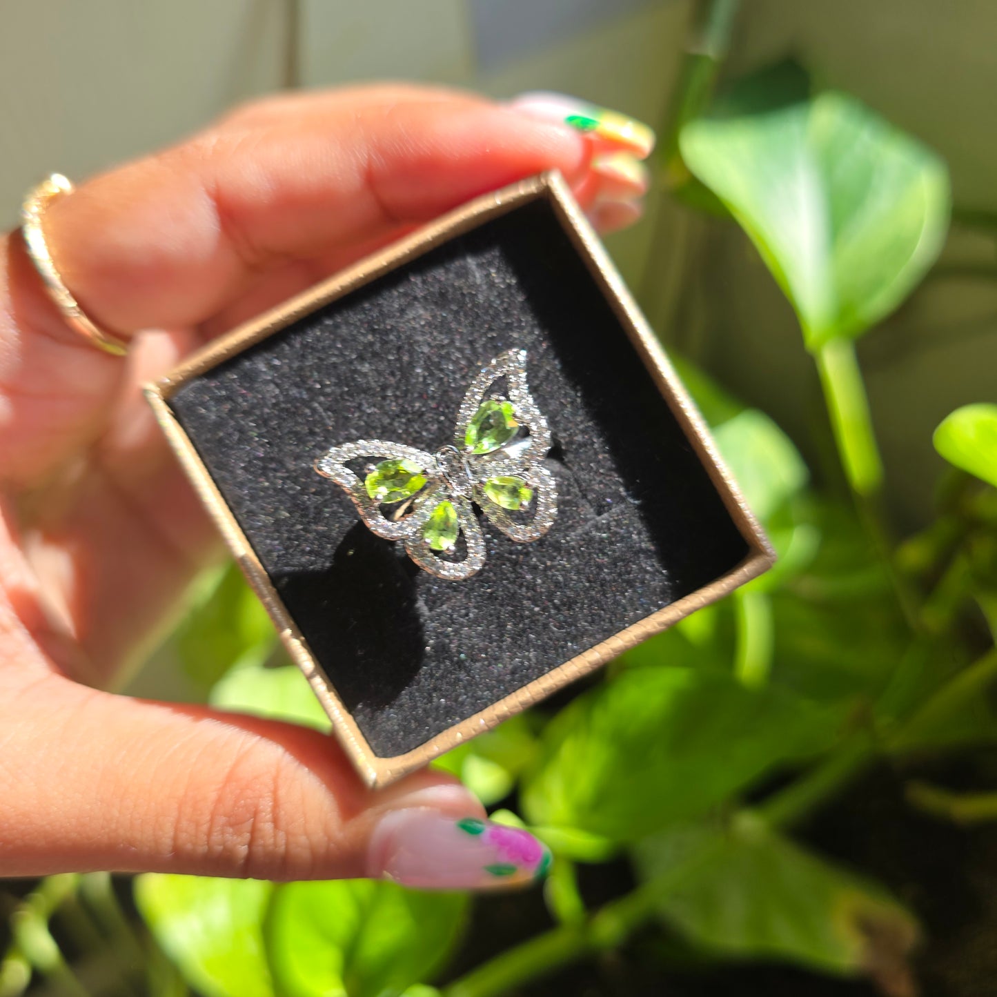 Adjustable Silver Plated Brass Ring - Peridot