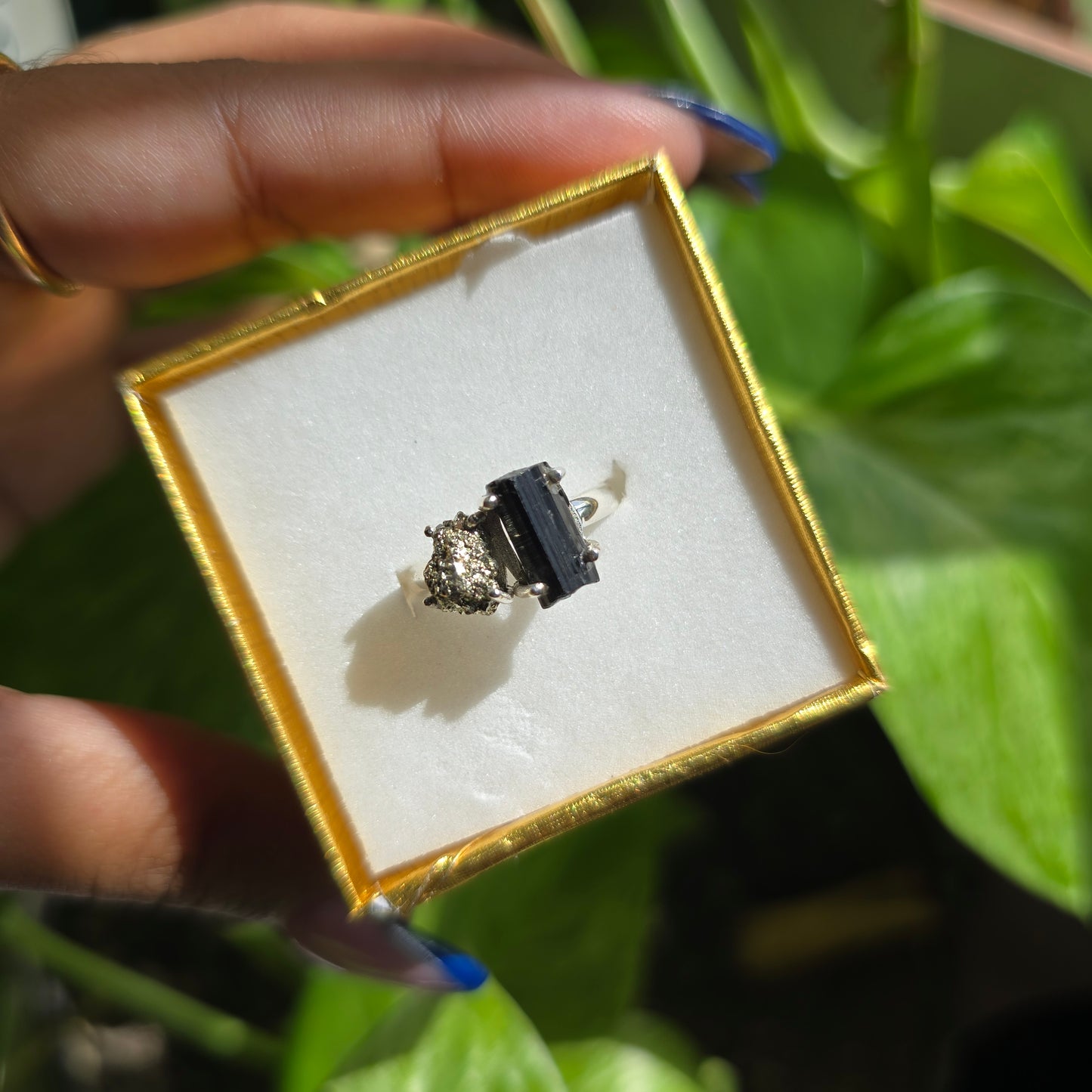 Black Tourmaline and Pyrite Ring - Size 6