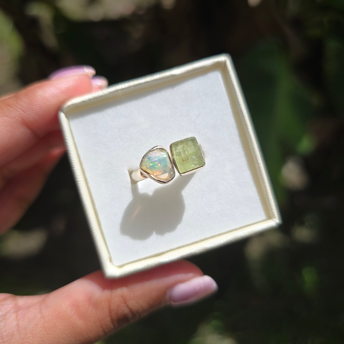 Green Apatite and Ethiopian Opal Ring - Size 8
