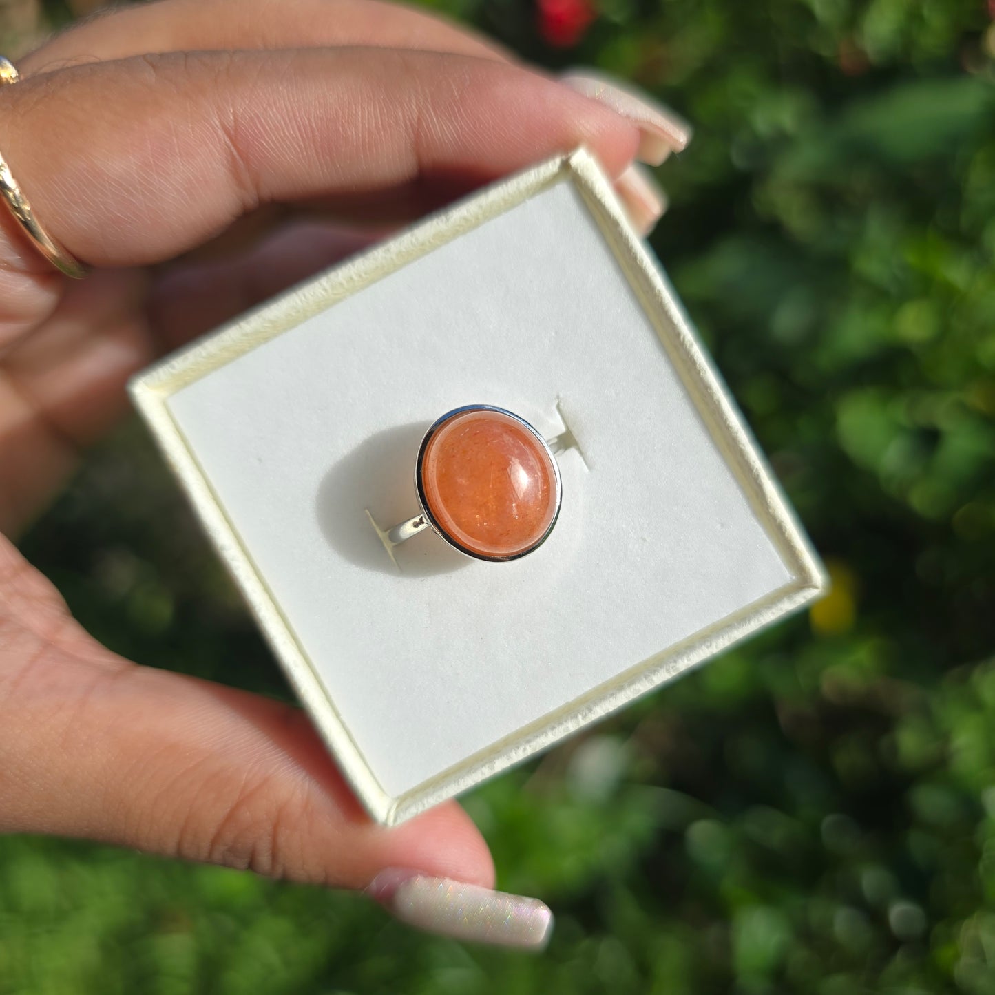 Adjustable Silver Plated Brass Ring - Peach Moonstone
