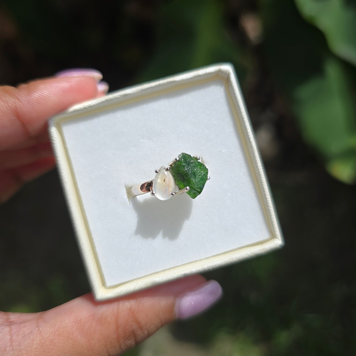 Moonstone and Chrome Diopside Ring - Size 8