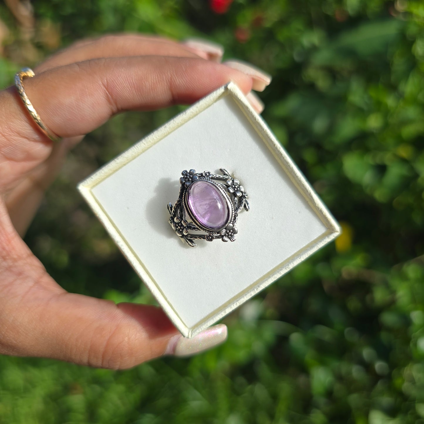 Adjustable Silver Plated Brass Ring - Amethyst