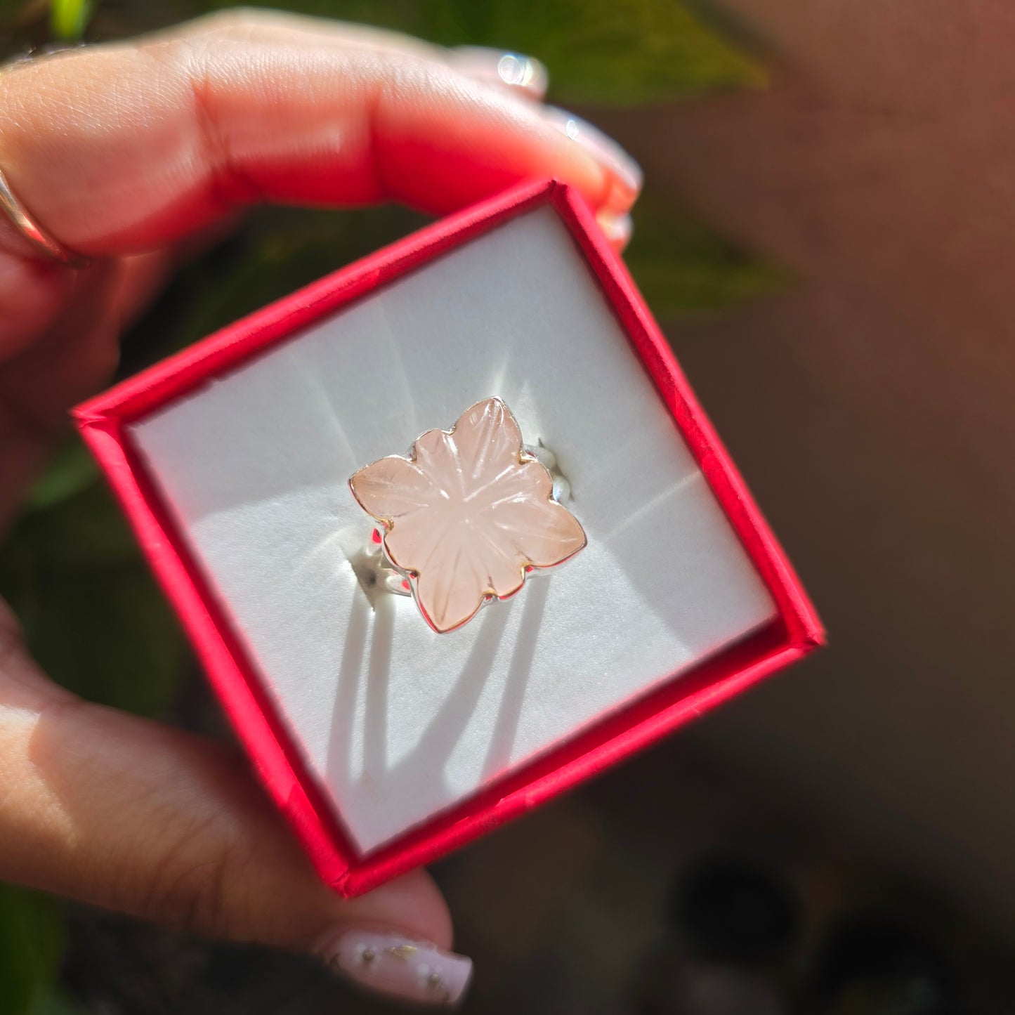 Carved Rose Quartz Gemstone Ring - Size 6.5