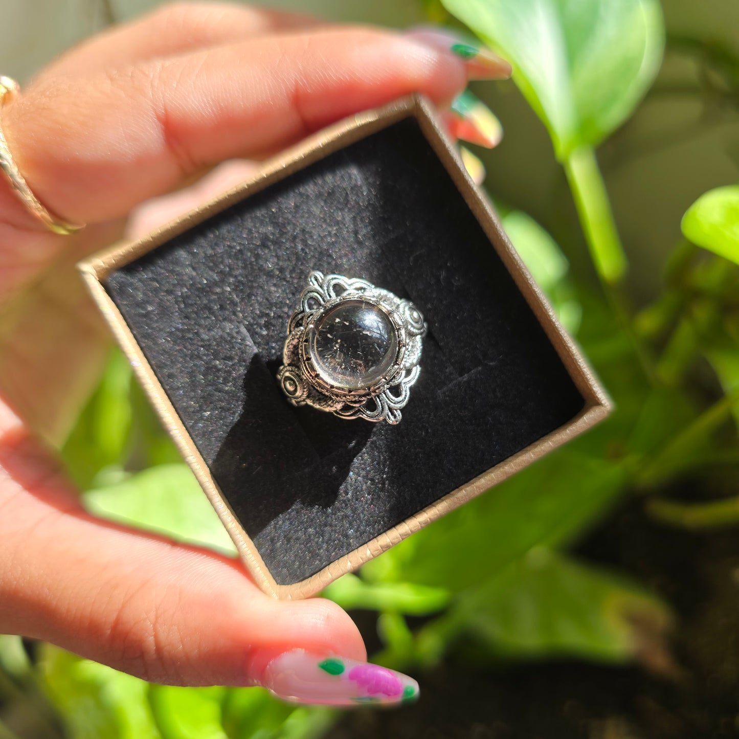 Adjustable Silver Plated Brass Ring - Smoky Quartz
