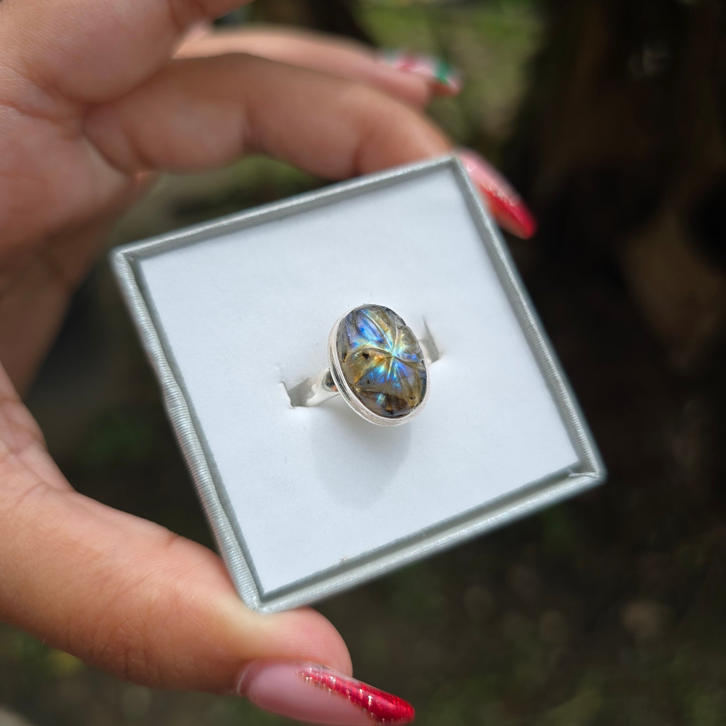 Carved Multi Fire Labradorite Ring - Size 6