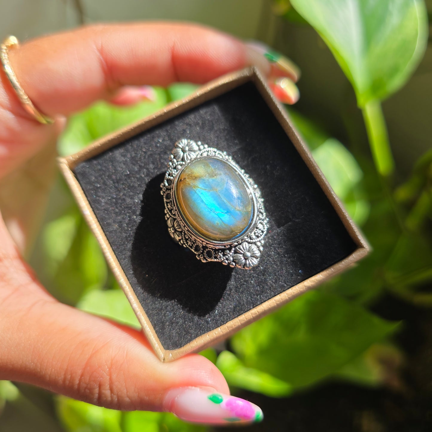 Adjustable Silver Plated Brass Ring - Labradorite