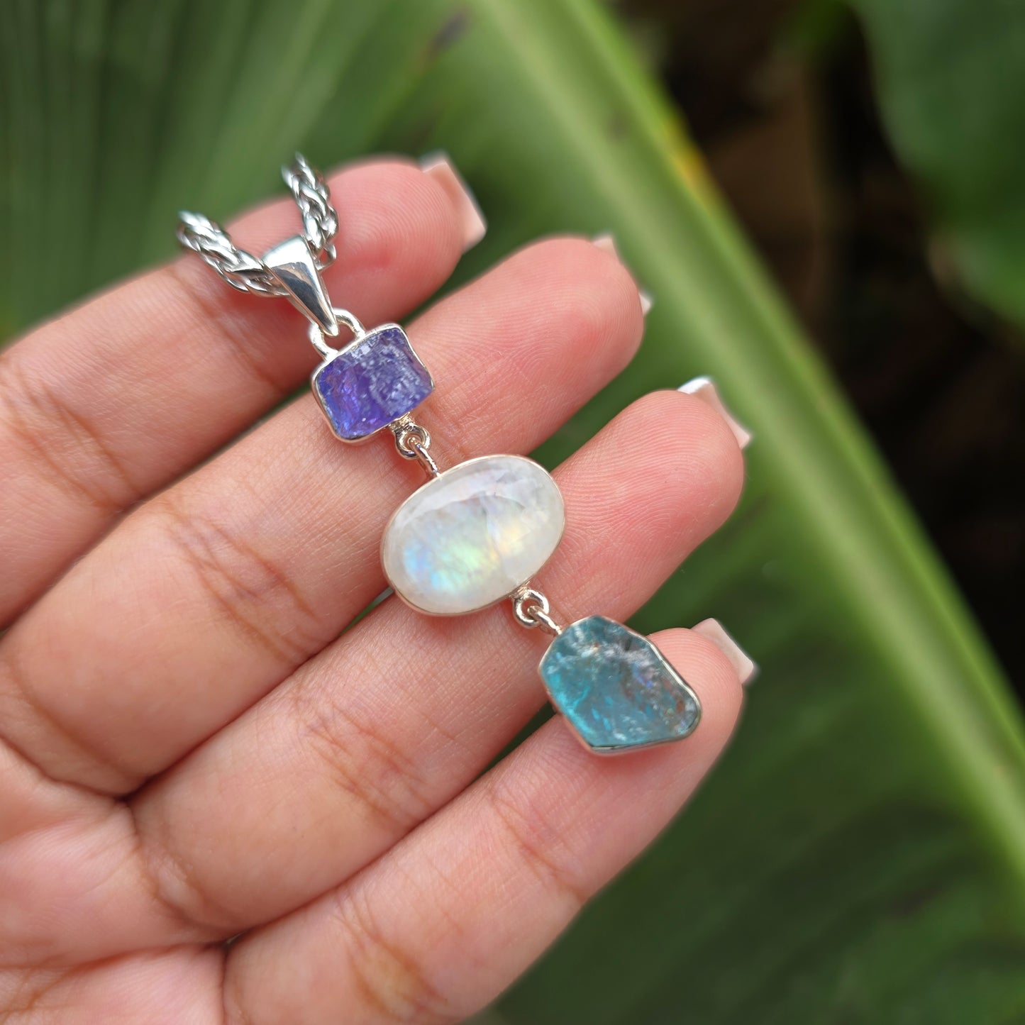 Tanzanite, Rainbow Moonstone and Blue Apatite Pendant