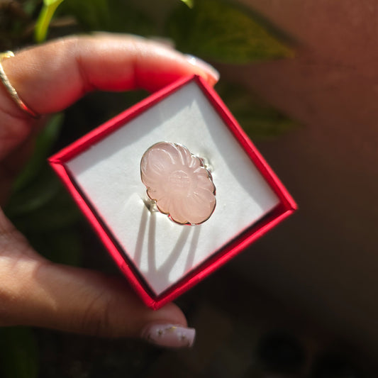 Carved Rose Quartz Gemstone Ring - Size 8