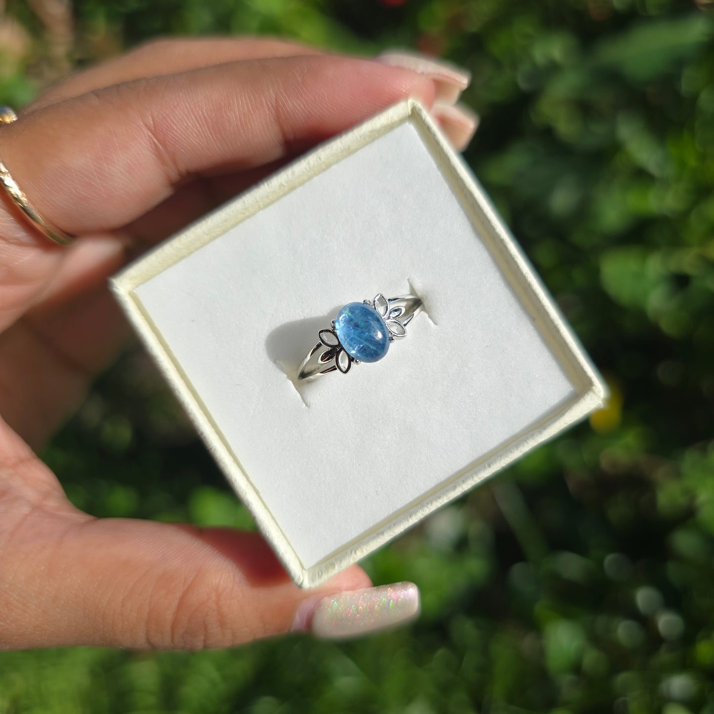 Adjustable Silver Plated Brass Ring - Aquamarine