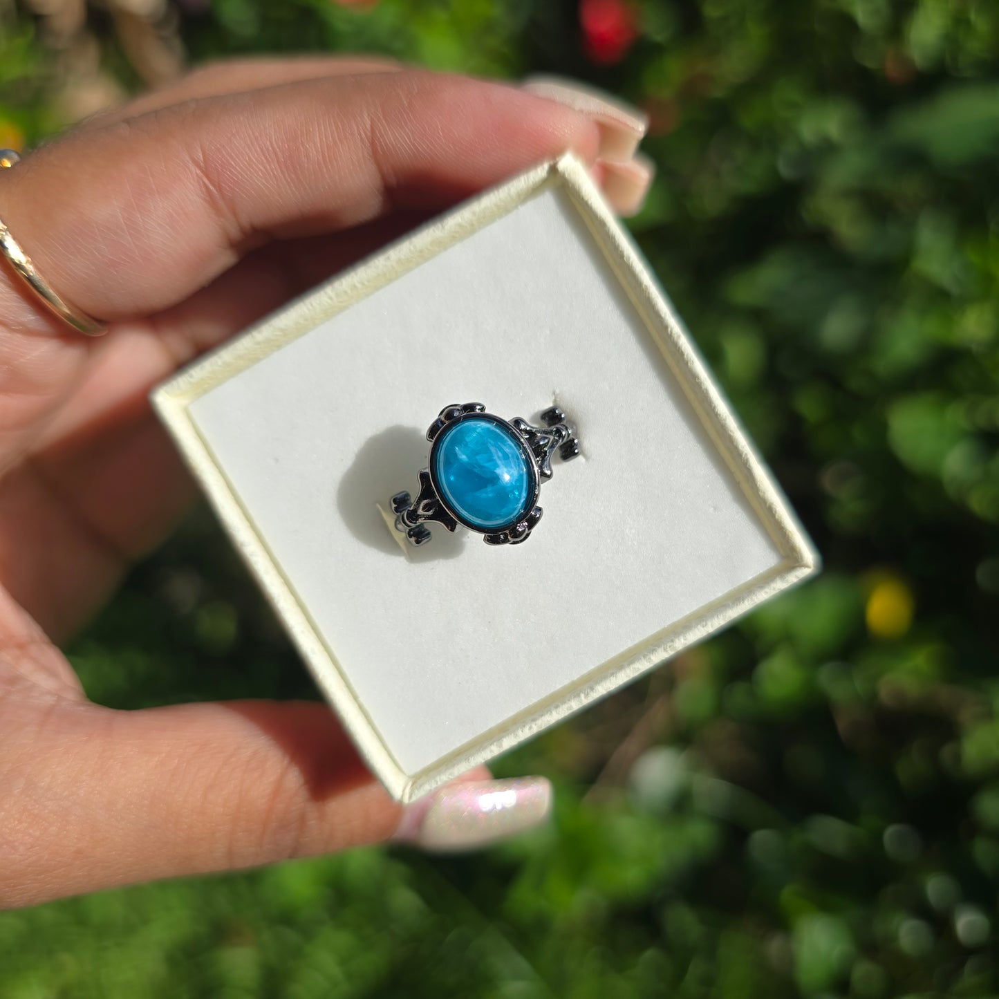 Adjustable Silver Plated Brass Ring - Blue Apatite