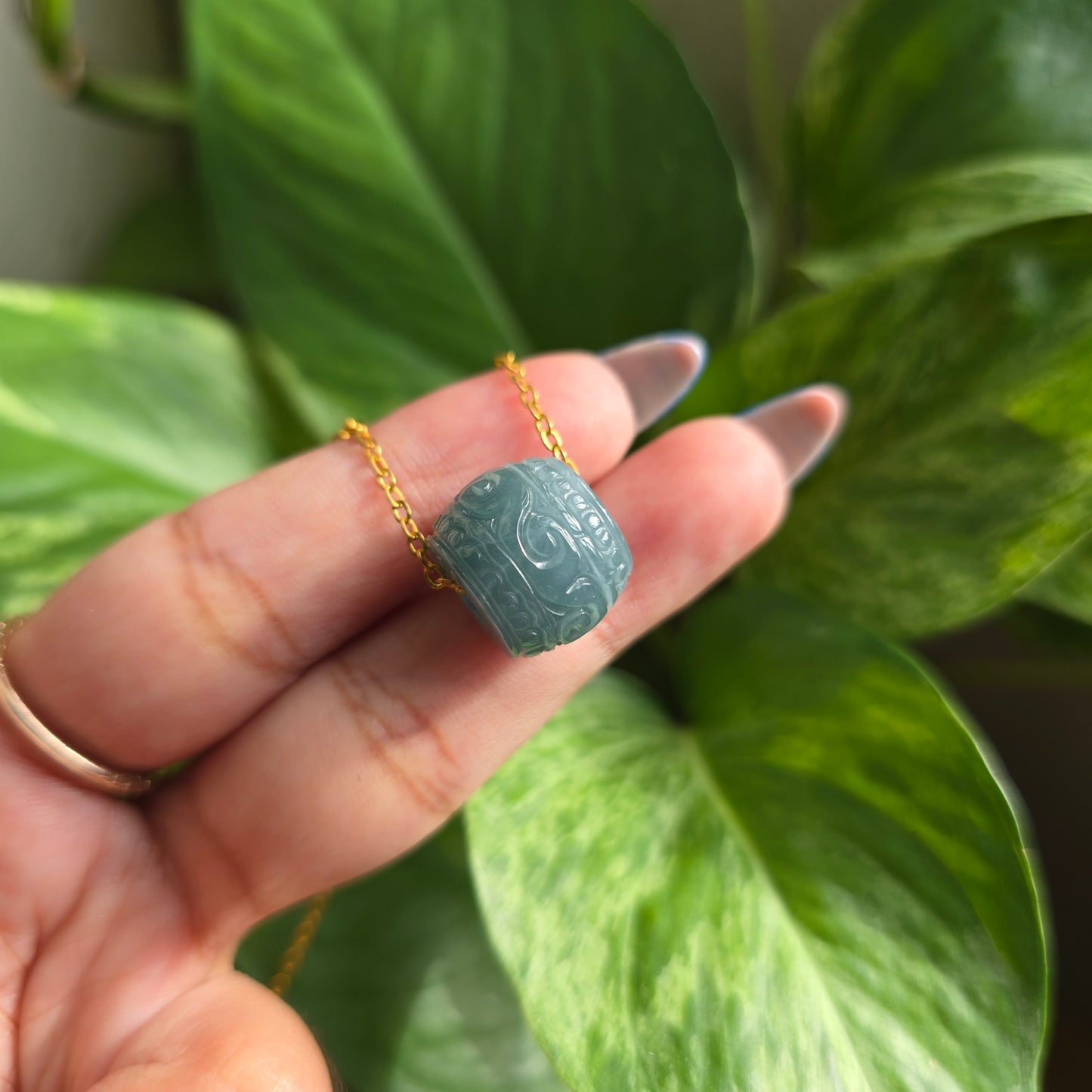 High Quality Blue Guatemalan Jade Barrel Necklace