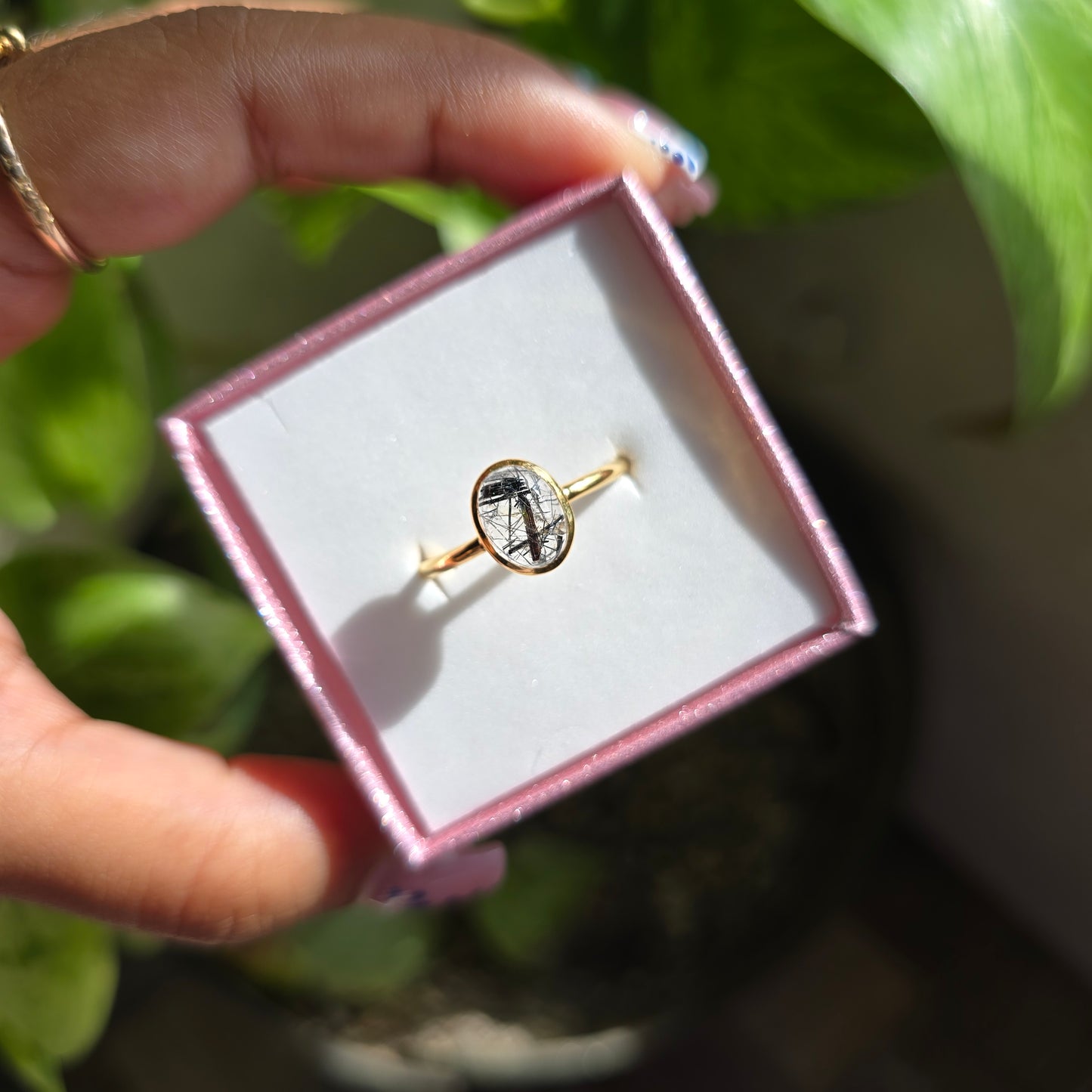 Gold Vermeil Tourmaline in Quartz Ring - Size 9.5