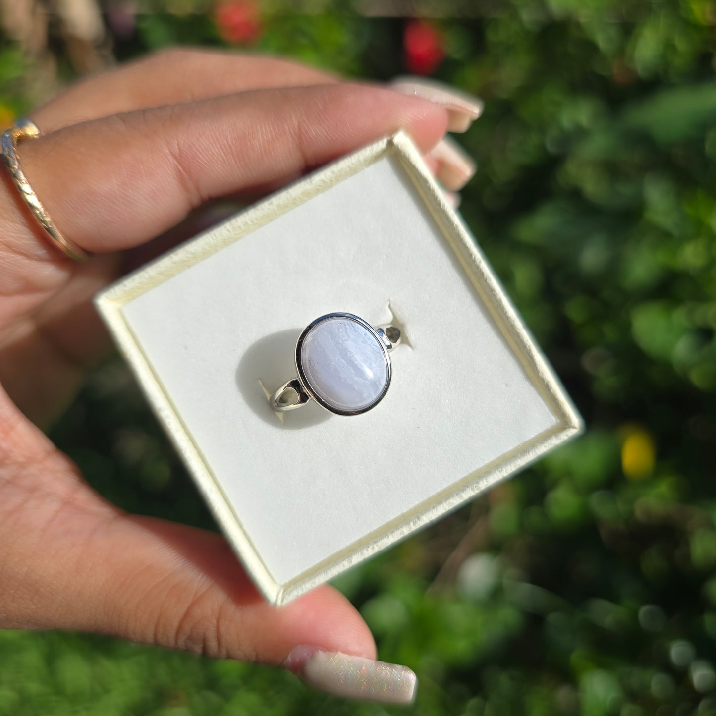 Adjustable Silver Plated Brass Ring - Blue Lace Agate