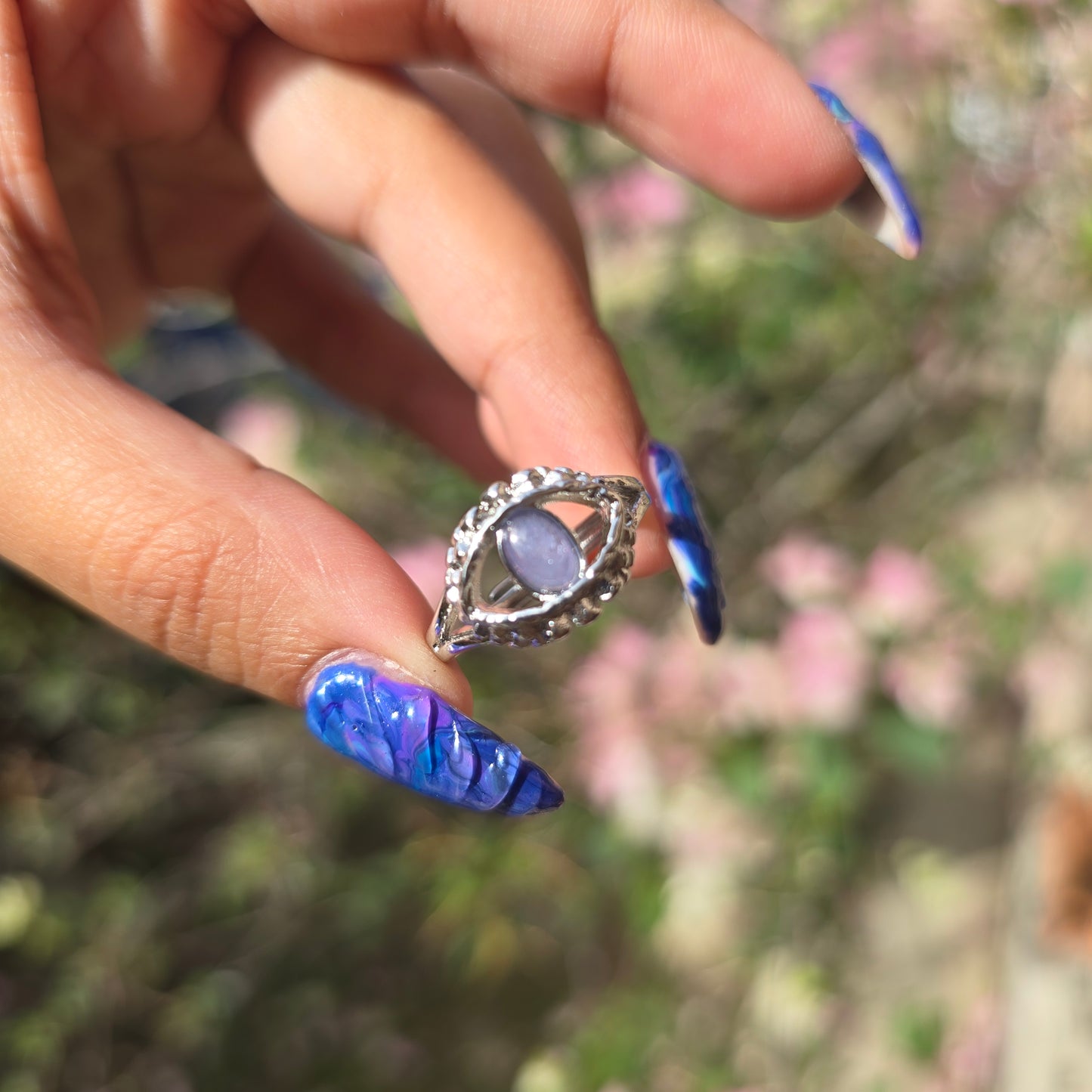 Adjustable Silver Plated Brass Ring - Tanzanite