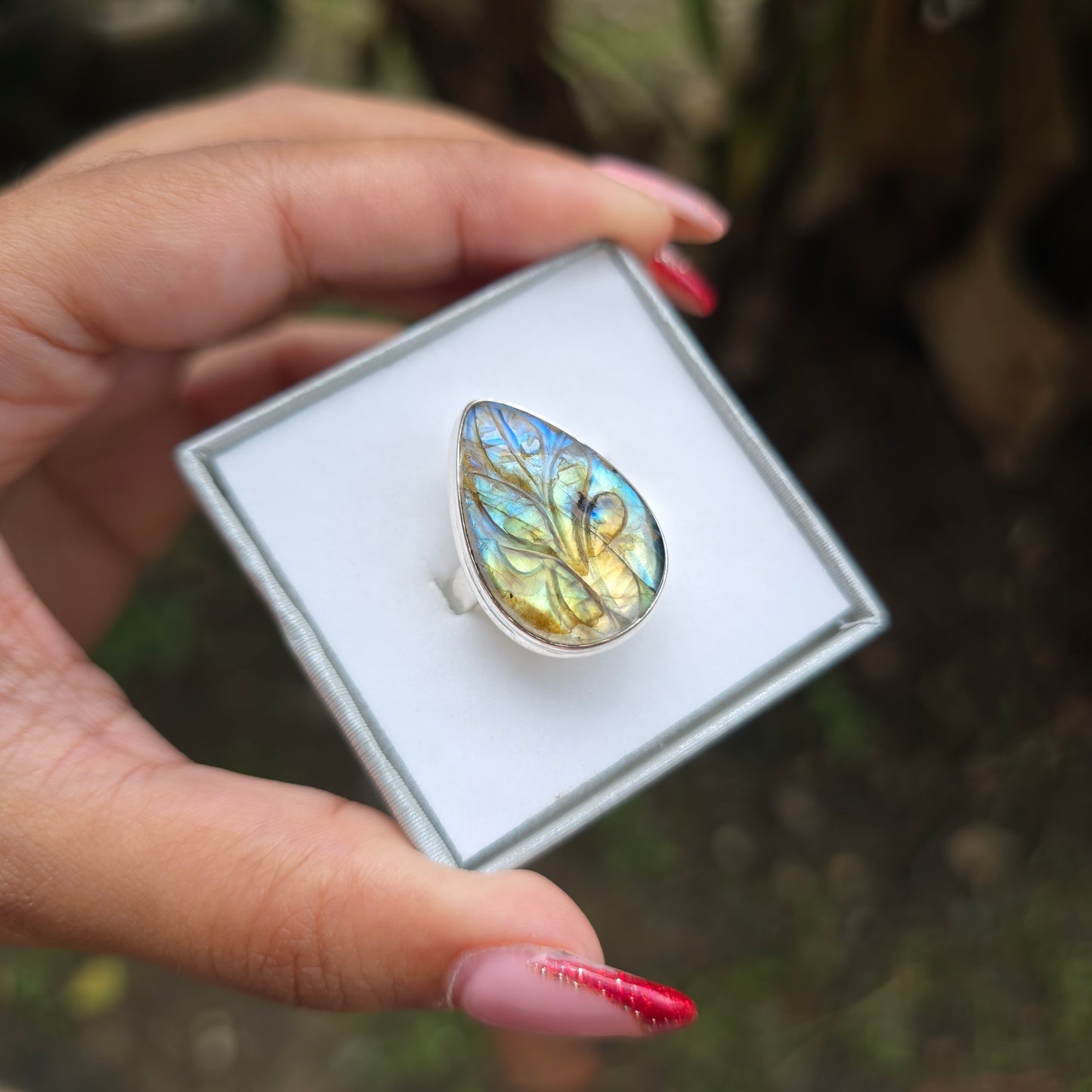 Carved Multi Fire Labradorite Ring - Size 8