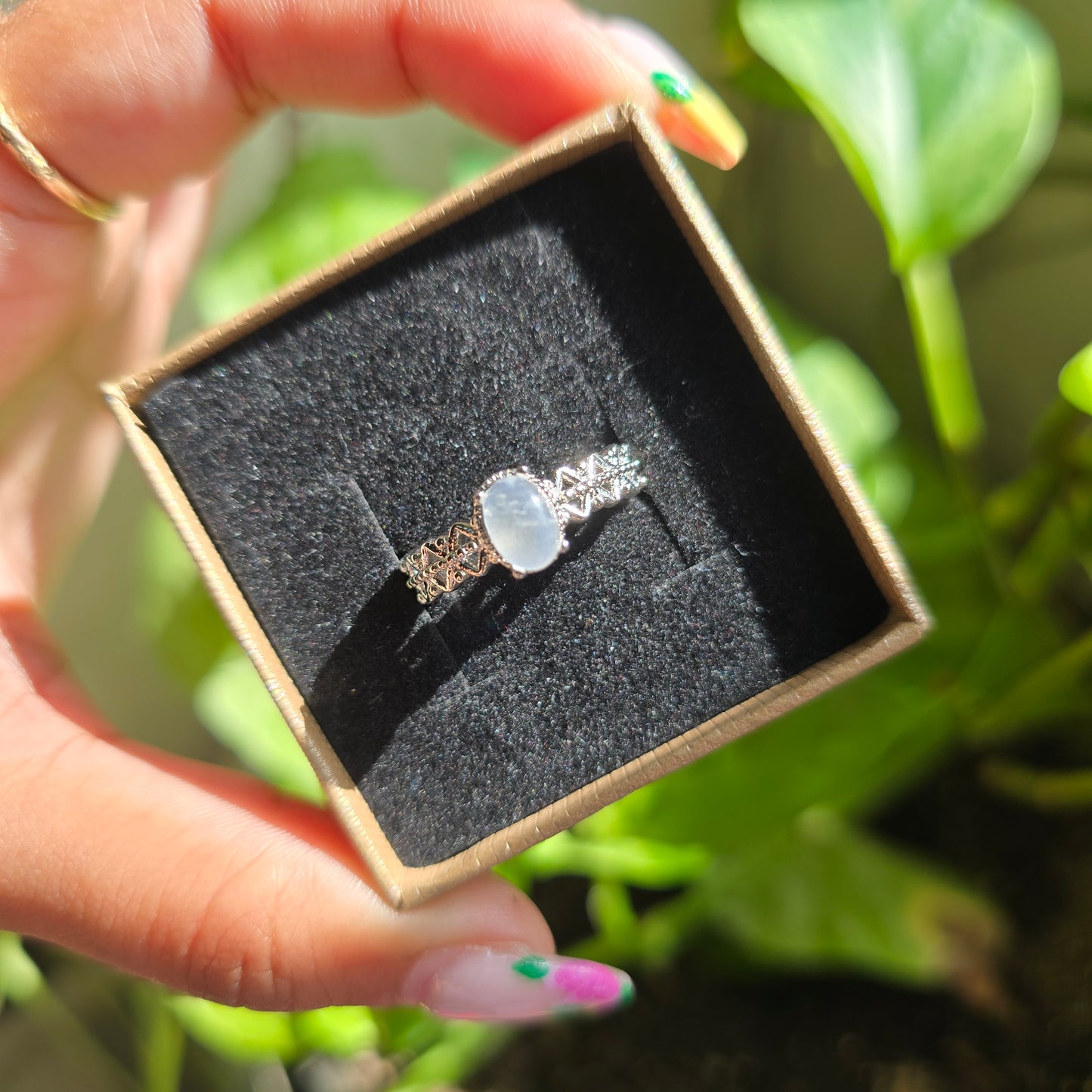 Adjustable Silver Plated Brass Ring - Rainbow Moonstone