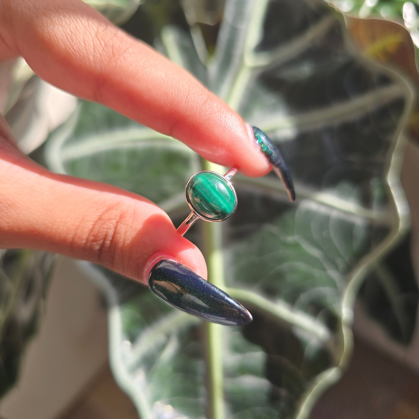 Adjustable Silver Plated Brass Ring - Malachite