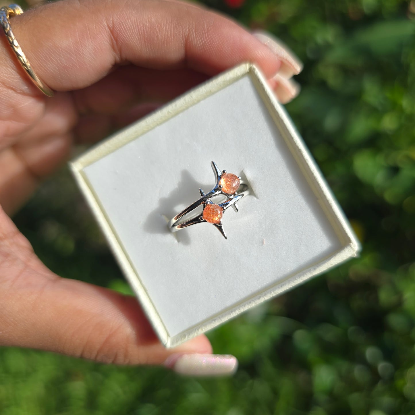 Adjustable Silver Plated Brass Ring - Sunstone