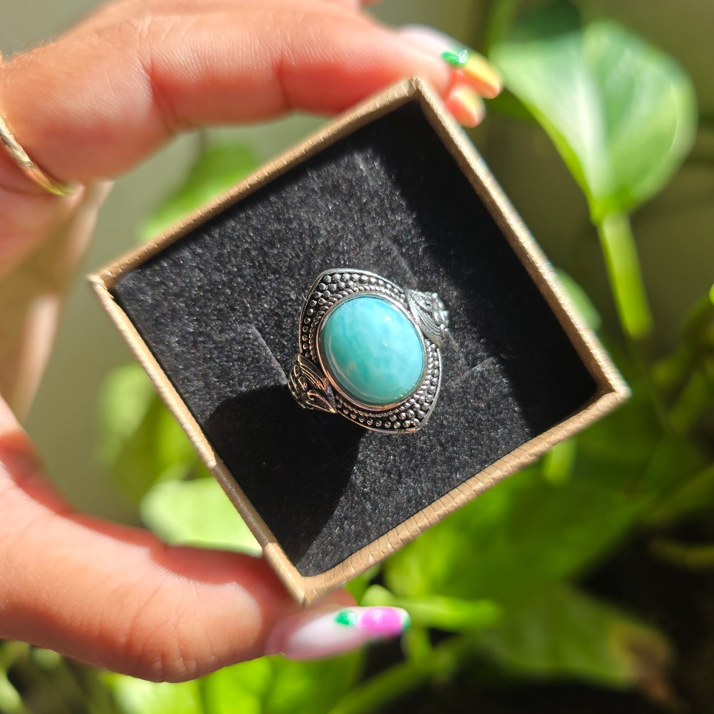 Adjustable Silver Plated Brass Ring - Larimar