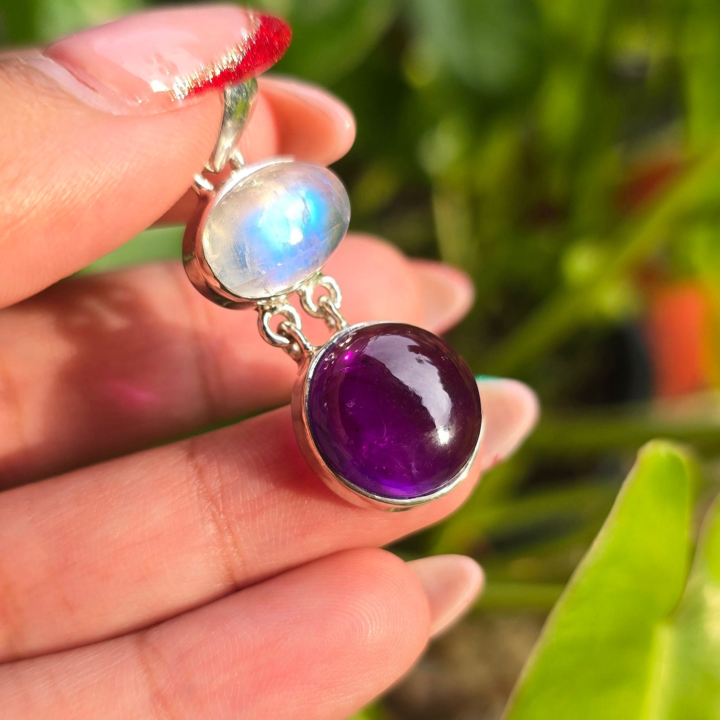 Rainbow Moonstone and Amethyst Pendant