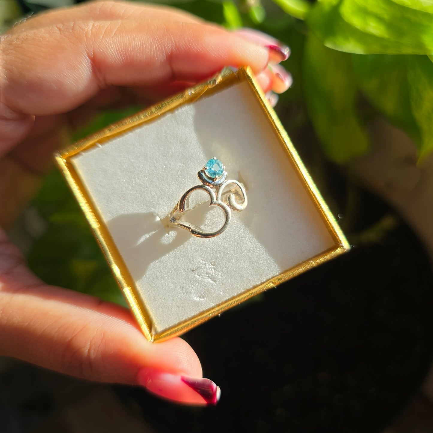 Paraiba Blue Apatite Om Ring - Size 6.5