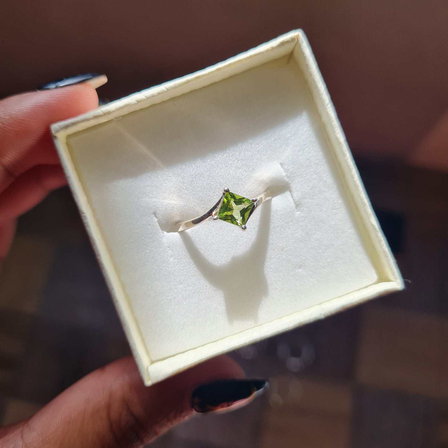 Peridot Faceted Square Ring - Size 7