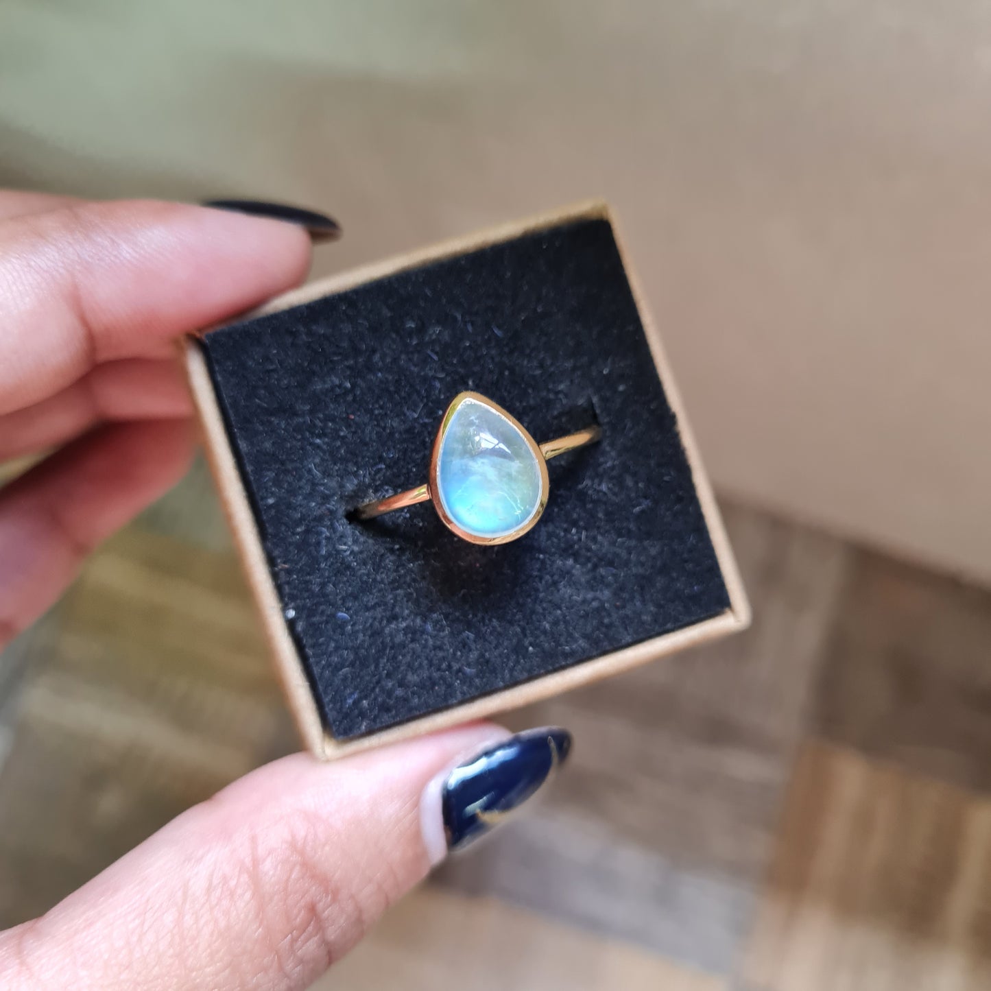 Gold Plated Rainbow Moonstone Ring - Size 10
