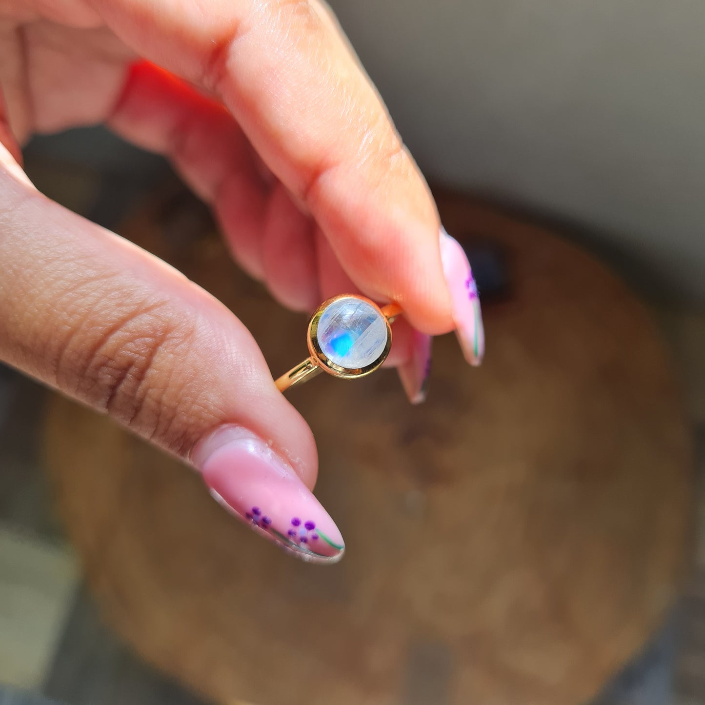 Gold Plated Rainbow Moonstone Ring - Size 6