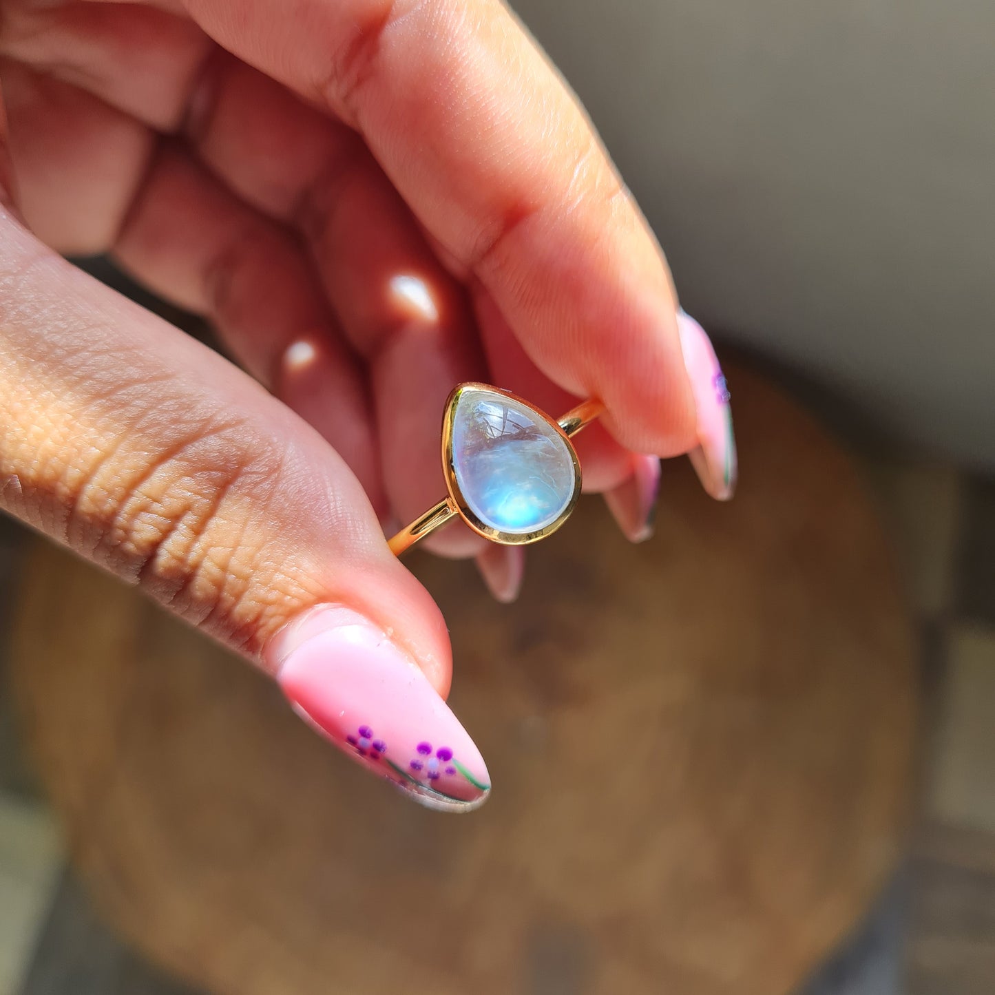 Gold Plated Rainbow Moonstone Ring - Size 10