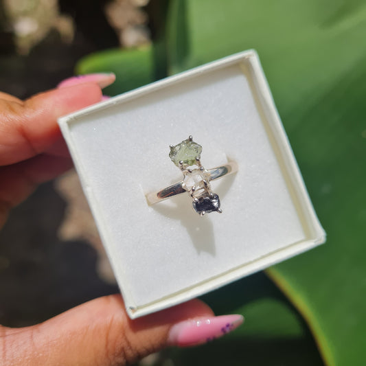 Moldavite, Herkimer & Meteorite Ring - Size 11
