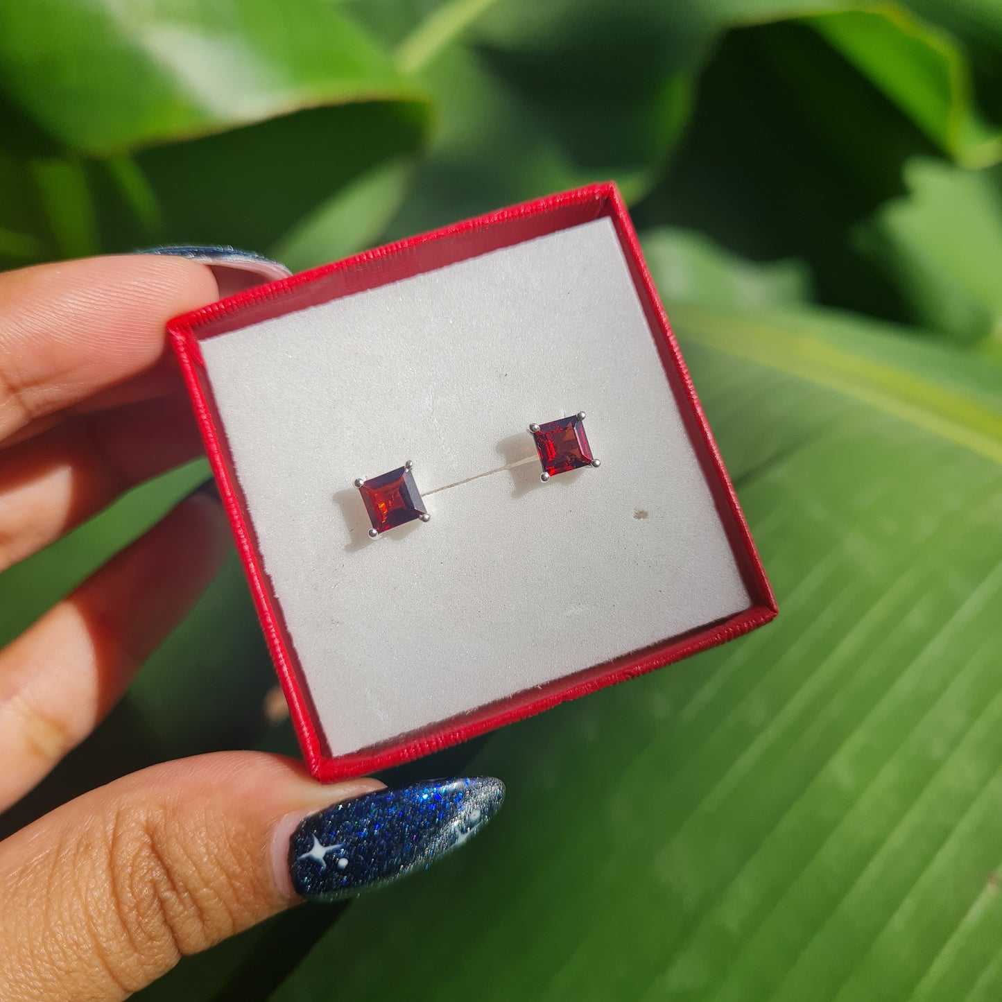 Square Garnet Stud Earrings