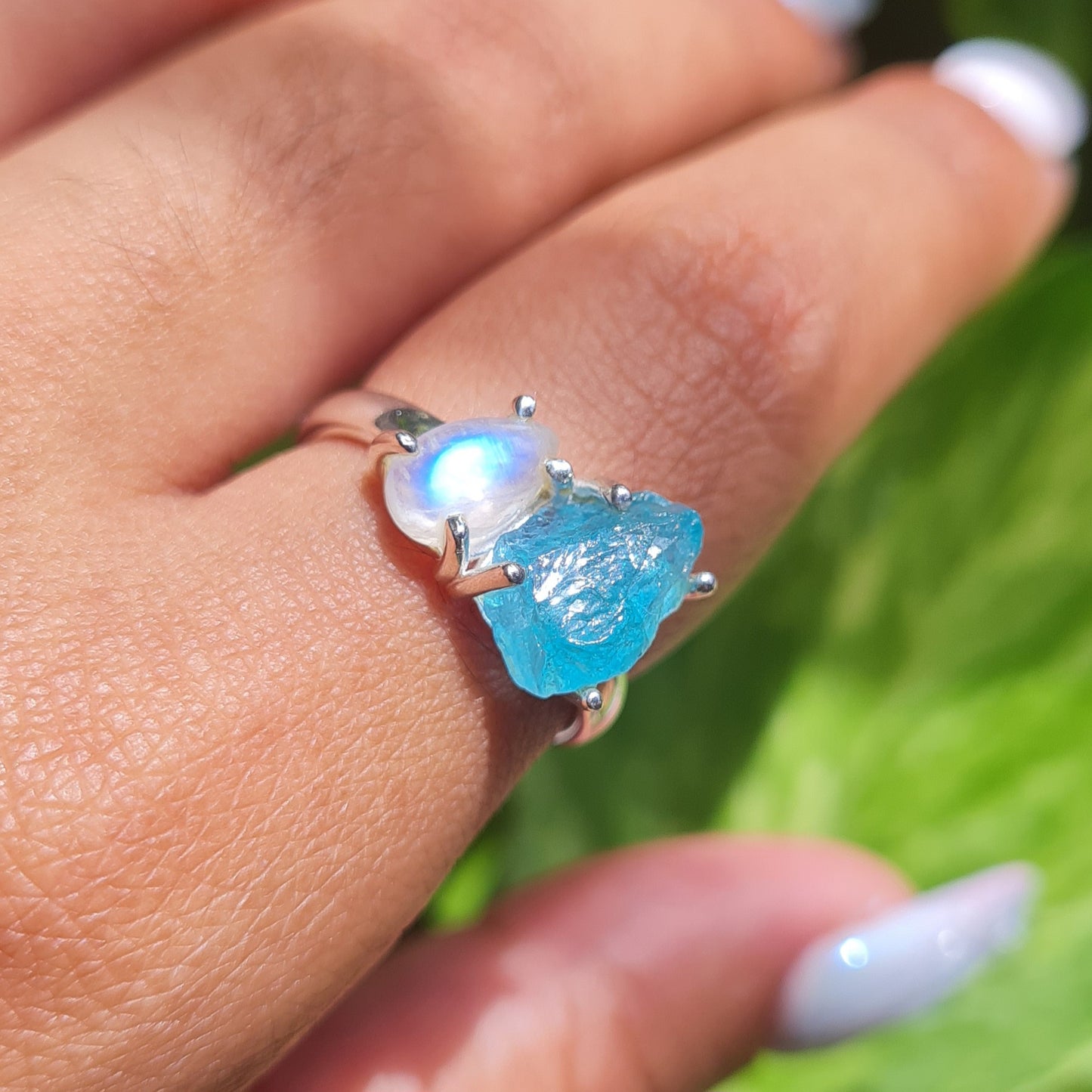 Moonstone and Blue Apatite Ring - Size 6