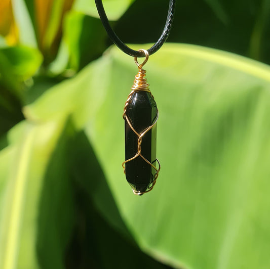 Wire Wrapped Black Obsidian Bullet Necklace