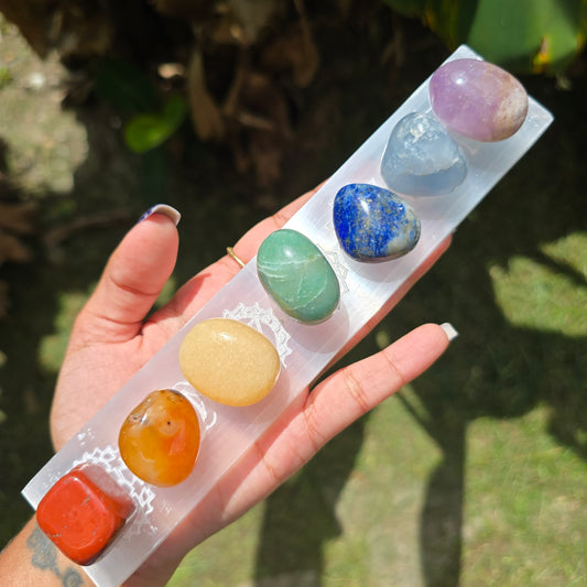 Satin Spar Selenite Charging Plate with Chakra Tumbles