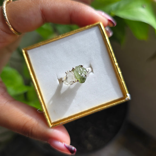 Moldavite and Herkimer Diamond Ring - Size 6